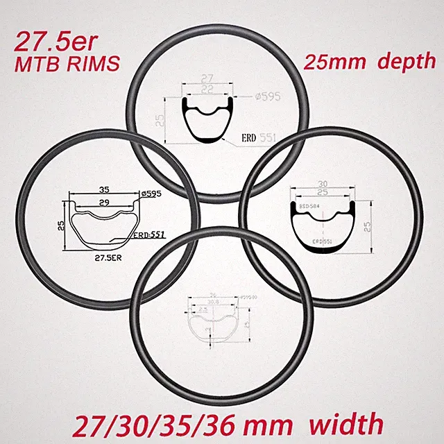 27.5 Inch MTB Bicycle Carbon Rim 650b 25mm Depth 27-36mm Width Clincher Tubeless