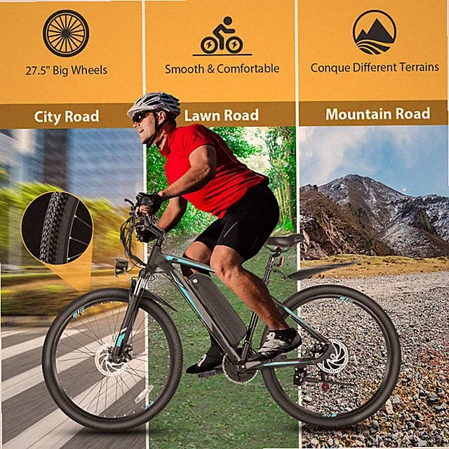500W 48V Electric Bike 27.5in Mountain Bicycle 21Speed Cruiser e Bike Up to 50mi