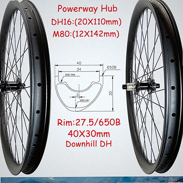 MTB DH Bicycle 650B/27.5er 40X30mm Carbon Wheelset 28/32Hole Powerway XD Hub